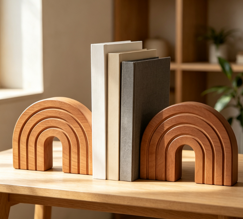 Bohemian-Style Arched Wooden Bookends – Minimalist Design (Set of 2) - Image 2