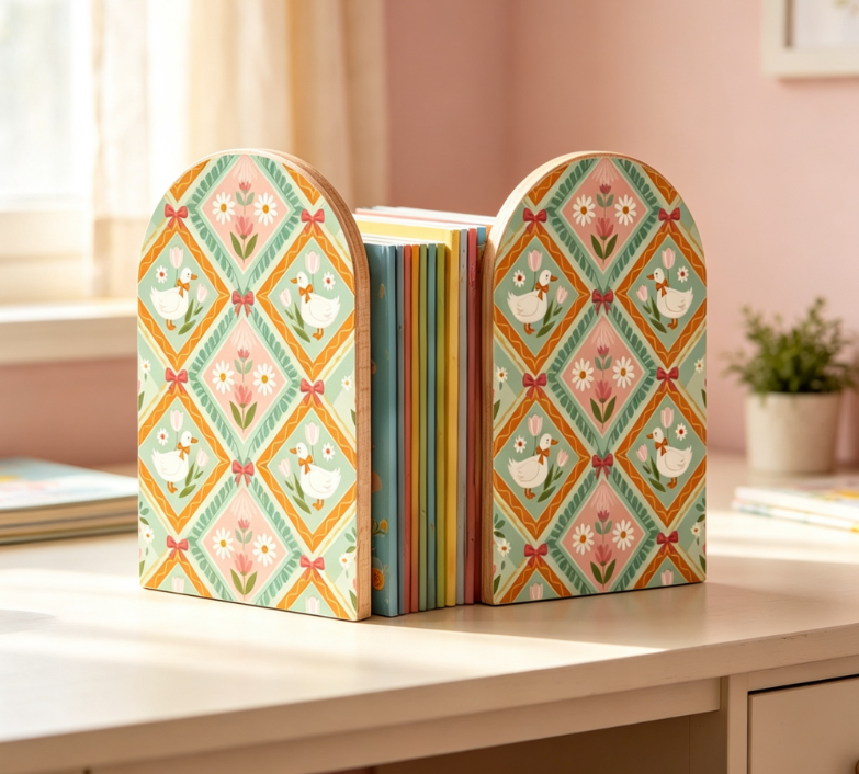 Floral and White Goose Pattern Wooden Bookends – Non-Slip Design (Set of 1 Pair) - Image 2